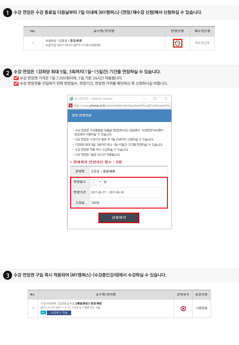 
· 수강 연장 신청방법 안내
1.수강 연장은 수강 종료일 다음날부터 7일 이내에 [학습지원센터]-[수강종료강의]에서 신청하실 수 있습니다.
2.수강 연장은 1강좌당 최대 5일, 3회까지(1일~15일간) 기간을 연장하실 수 있습니다.
수강 연장권 가격은 1일 7,000원이며, 1일 기준 24시간 적용됩니다.
수강 연장권을 구입하기 전에 연장일수, 연장기간, 연장권 가격을 확인하신 후 신청하시길 바랍니다.
3.수강 연장권 구입 즉시 적용되어 [학습지원센터]-[수강중인강의]에서 수강하실 수 있습니다. 
